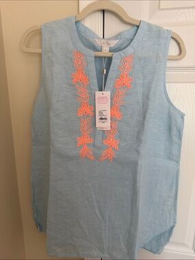 🌸Lilly Pulitzer 100% Linen Hydra Blue Tunic with Coral Embroidery